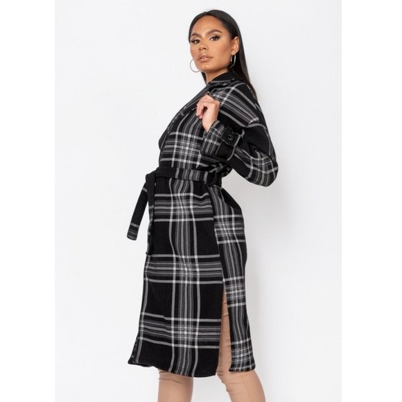Black Plaid Check Wool Blend Long Sleeve Belted Lapel Collared Trench Coat - Picture 6 of 11
